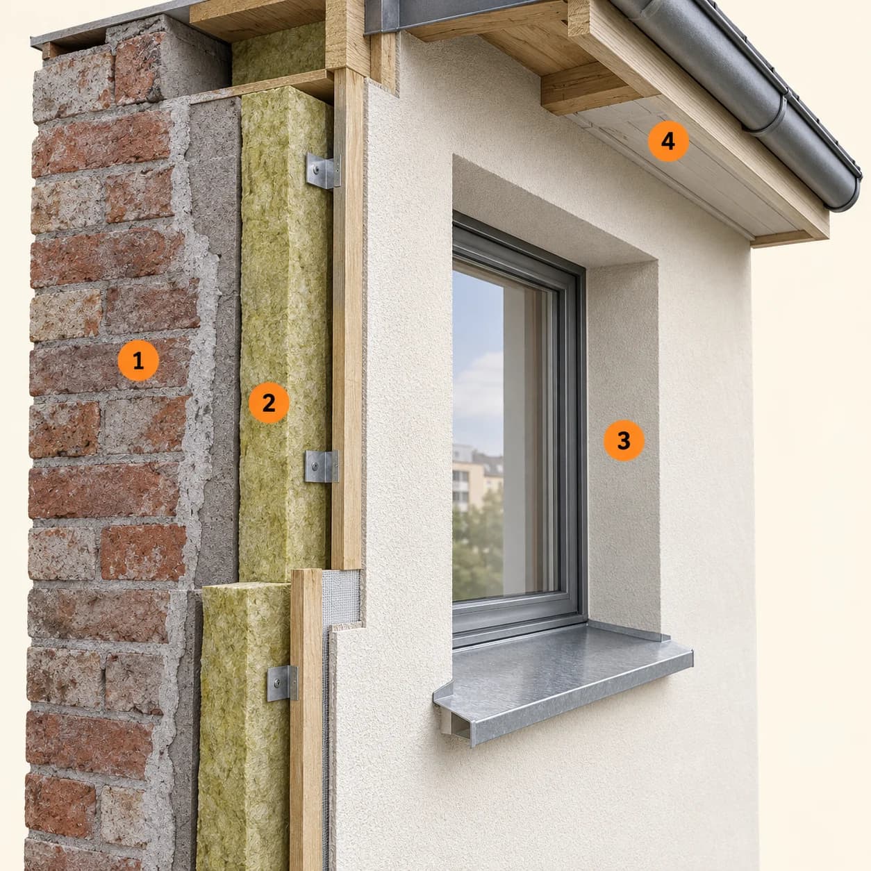 Illustrert 3D-prinsippskisse med eksisterende vegg, ny oppbygning, vindusdetaljen, avslutningen. Nummer 1–4 forklares i teksten.