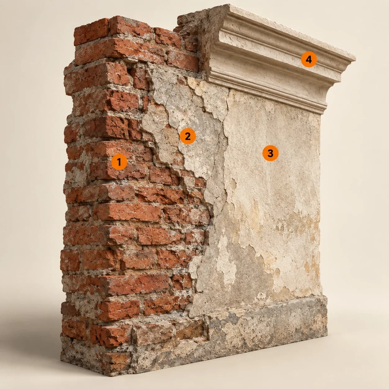 Illustrert 3D-prinsippskisse med murverket, skadefeltet, bevarte flater, detaljene. Markører 1–4 forklares i teksten.