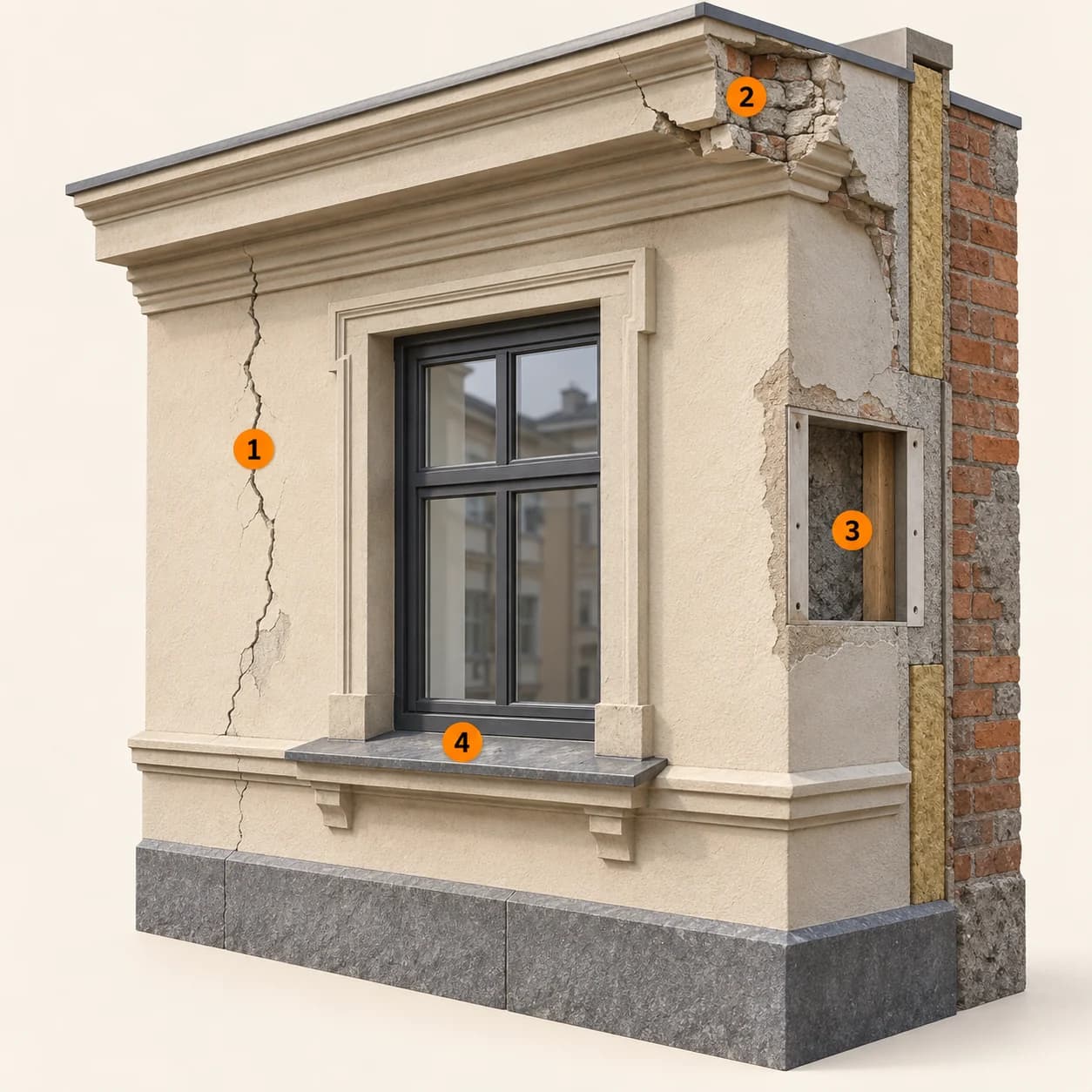 Illustrert 3D-prinsippskisse med skadeplassering, sikkerhet, undersøkelse, tiltaksbeskrivelse. Nummer 1–4 forklares i teksten.