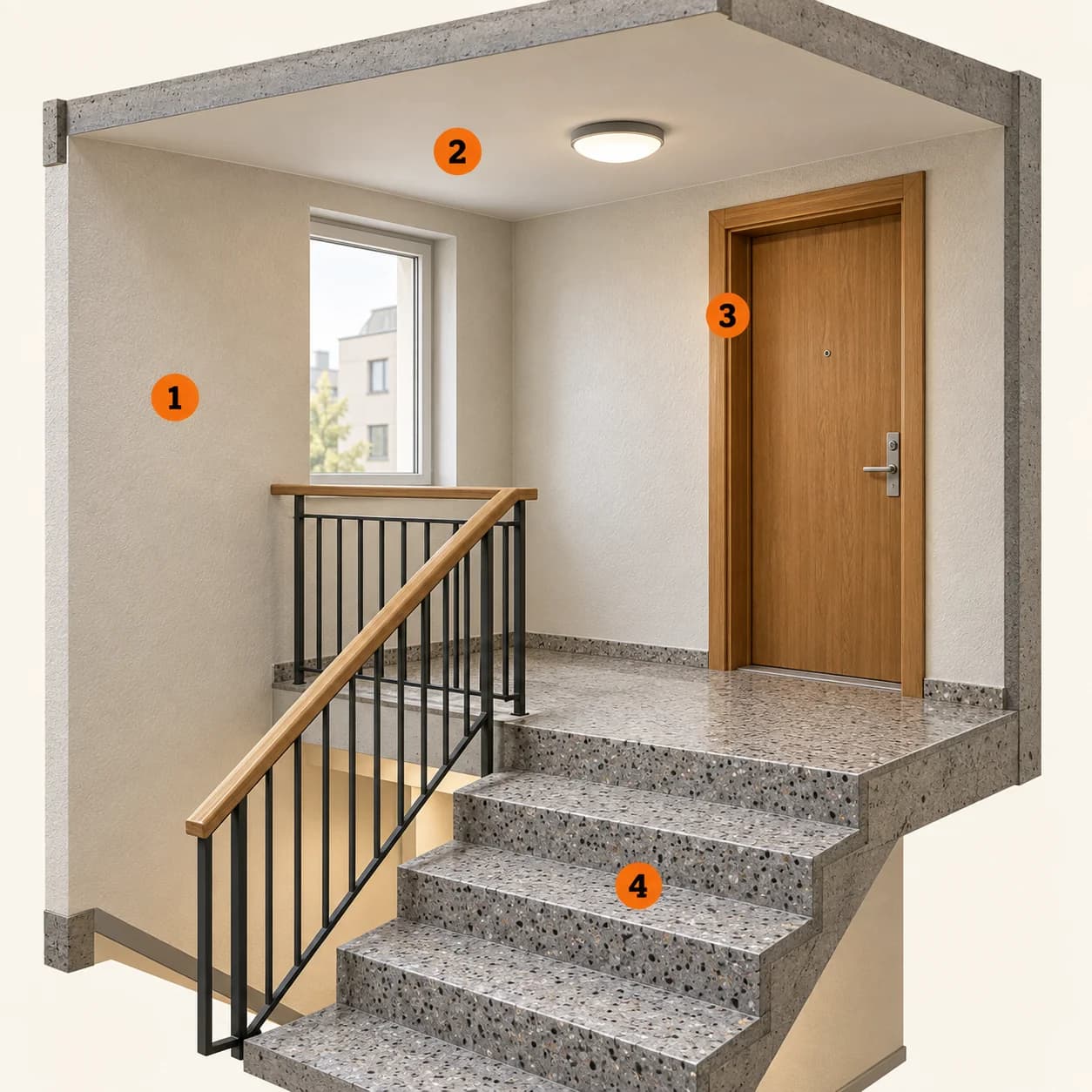 Illustrert 3D-prinsippskisse med vegger, tak, detaljer, gulv og trinn. Nummer 1–4 forklares i teksten.