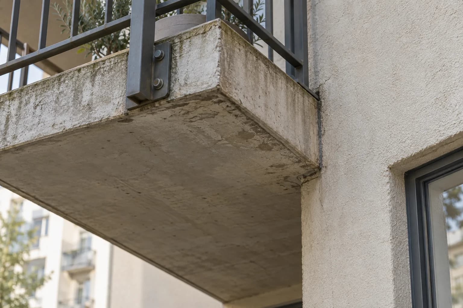 Illustrasjon av balkongunderside med overgang til vegg og rekkverk