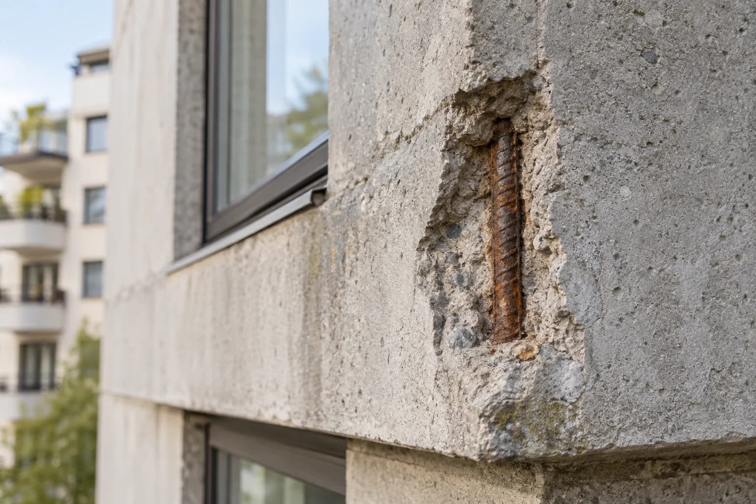 Illustrert betongskade med synlig armering