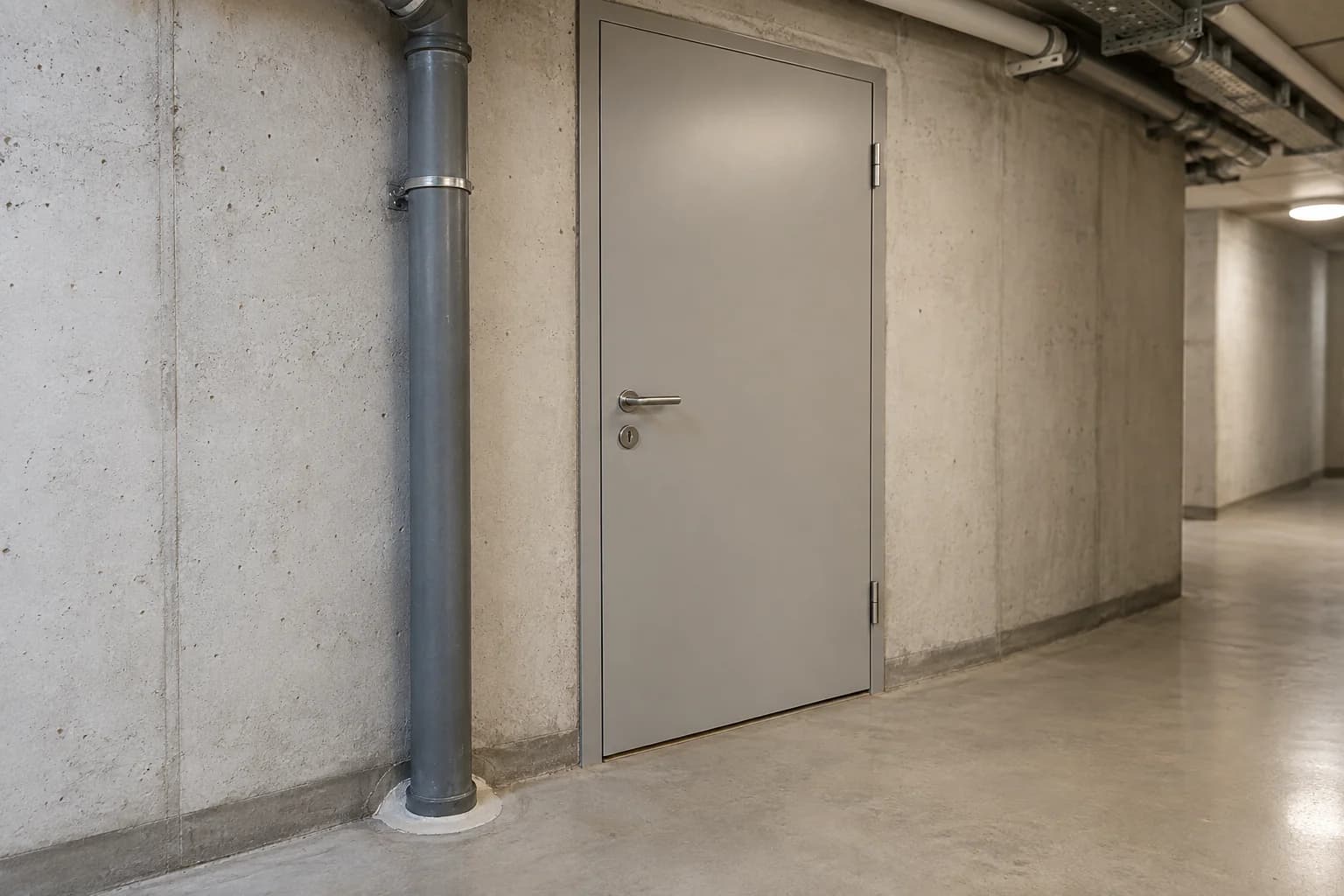 Illustrasjon av kjellerkorridor med lukket dør og rørgjennomføring