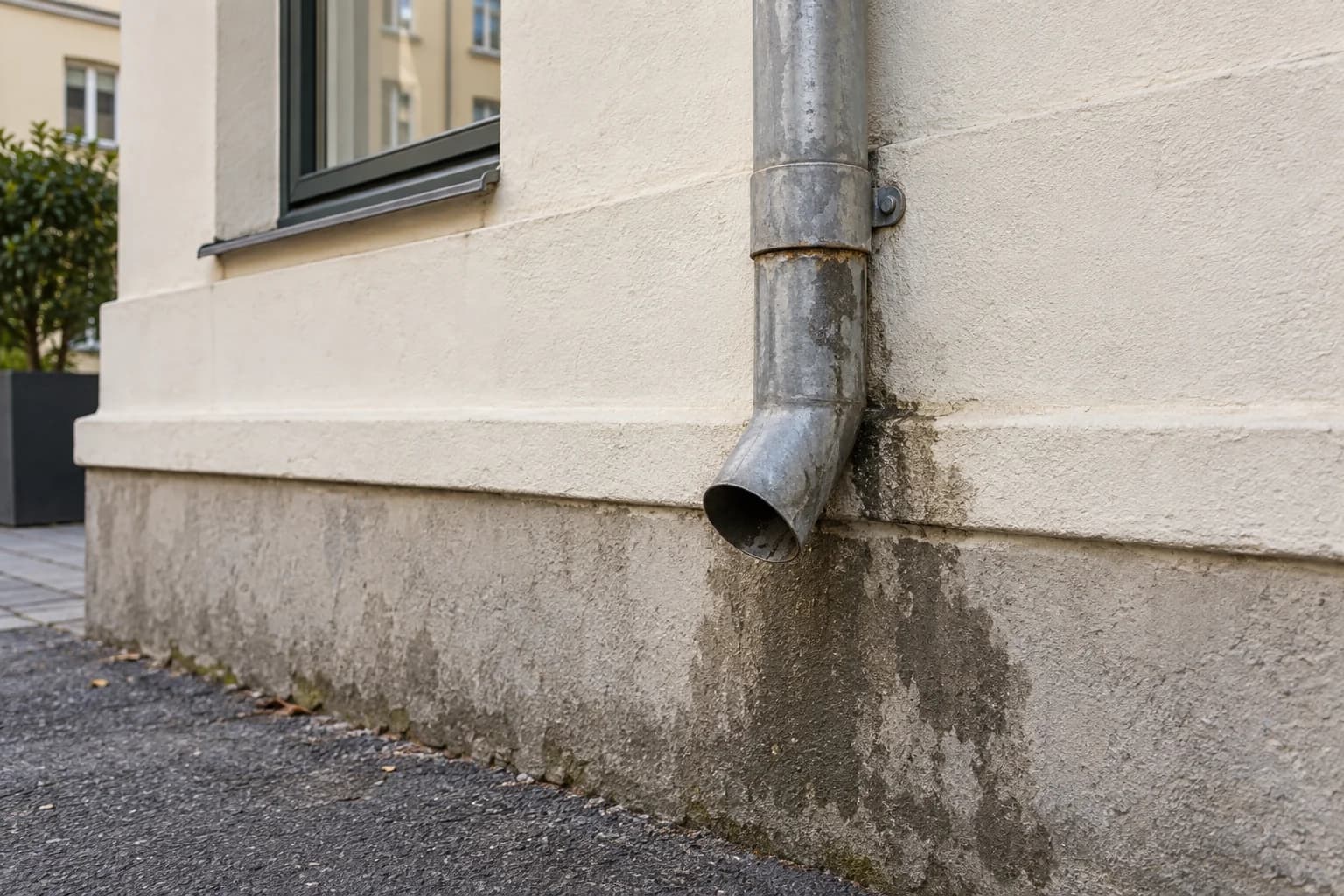 Illustrasjon av fuktmerker på pusset sokkel under et nedløp