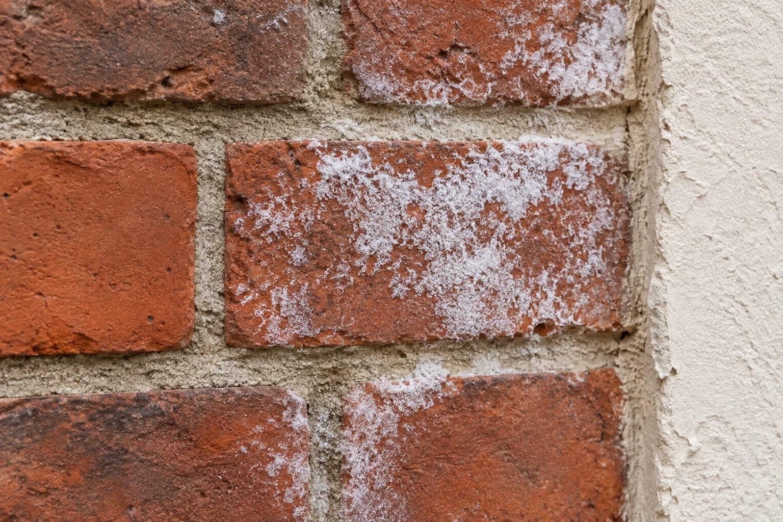 Illustrert nærbilde av hvitt saltbelegg på tegl ved pusskant
