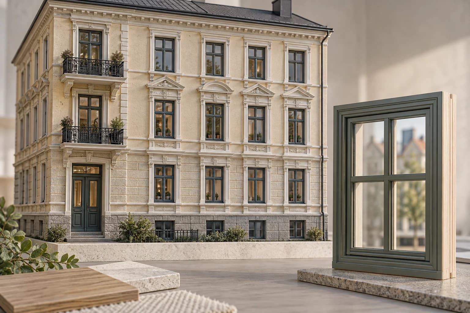 Illustrasjon av to fasadeuttrykk med forskjellige vindusdetaljer