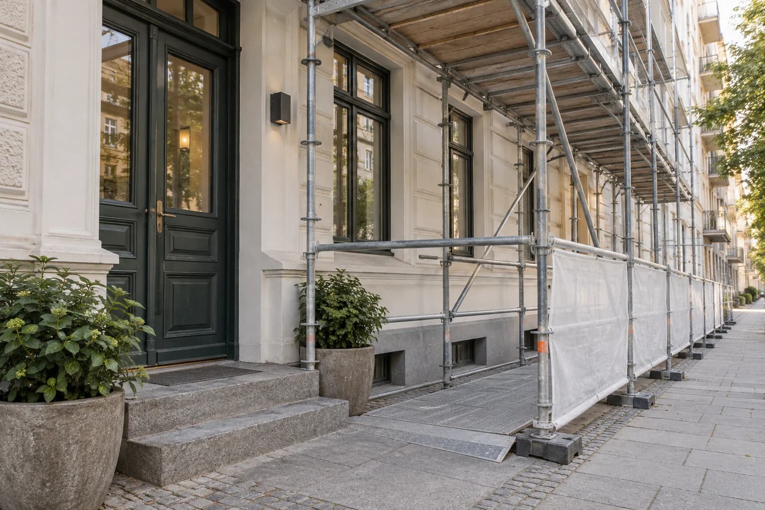 Illustrasjon av stillas utenfor inngang med avgrenset adkomst