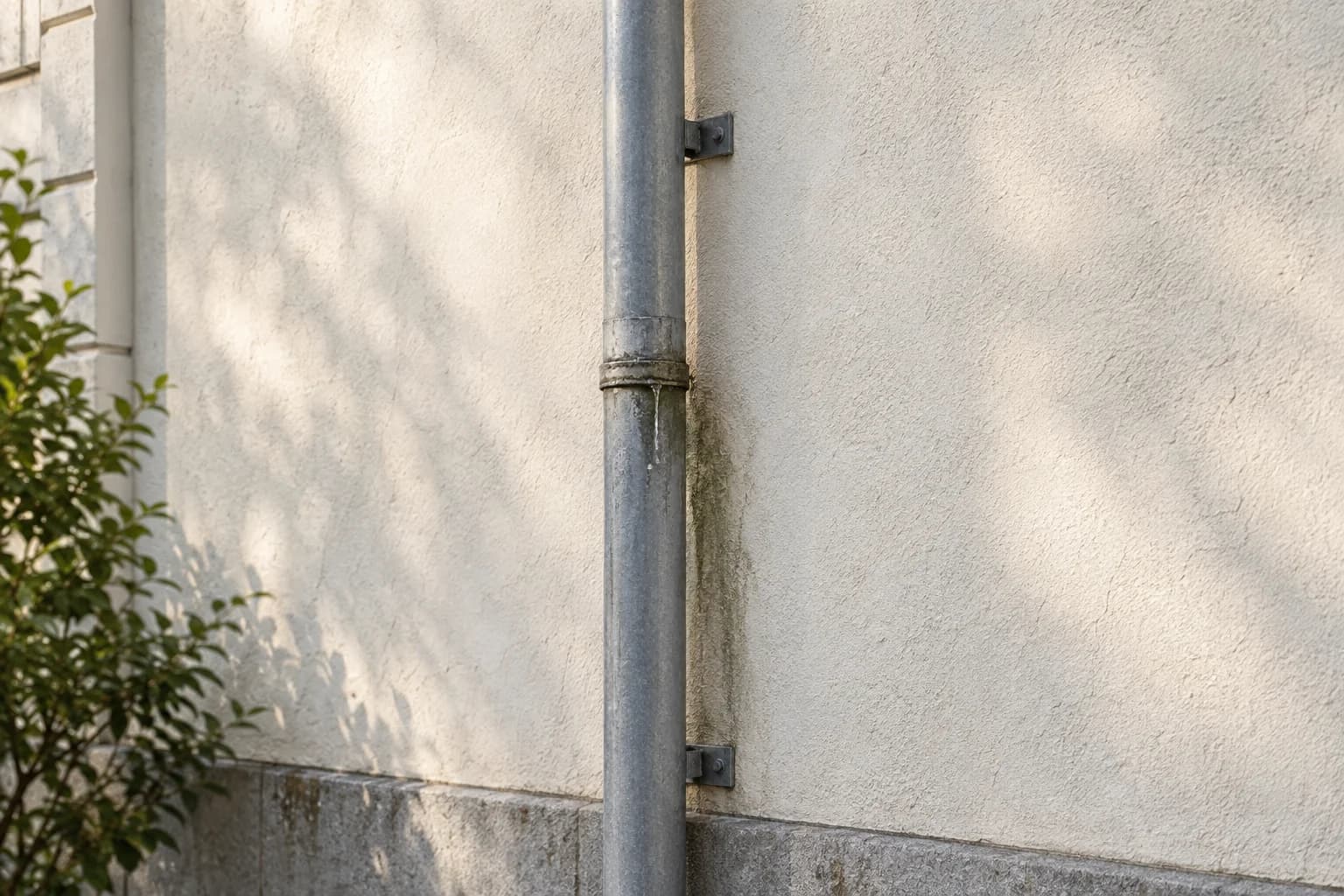 Illustrasjon av nedløp og fuktmerker på fasade