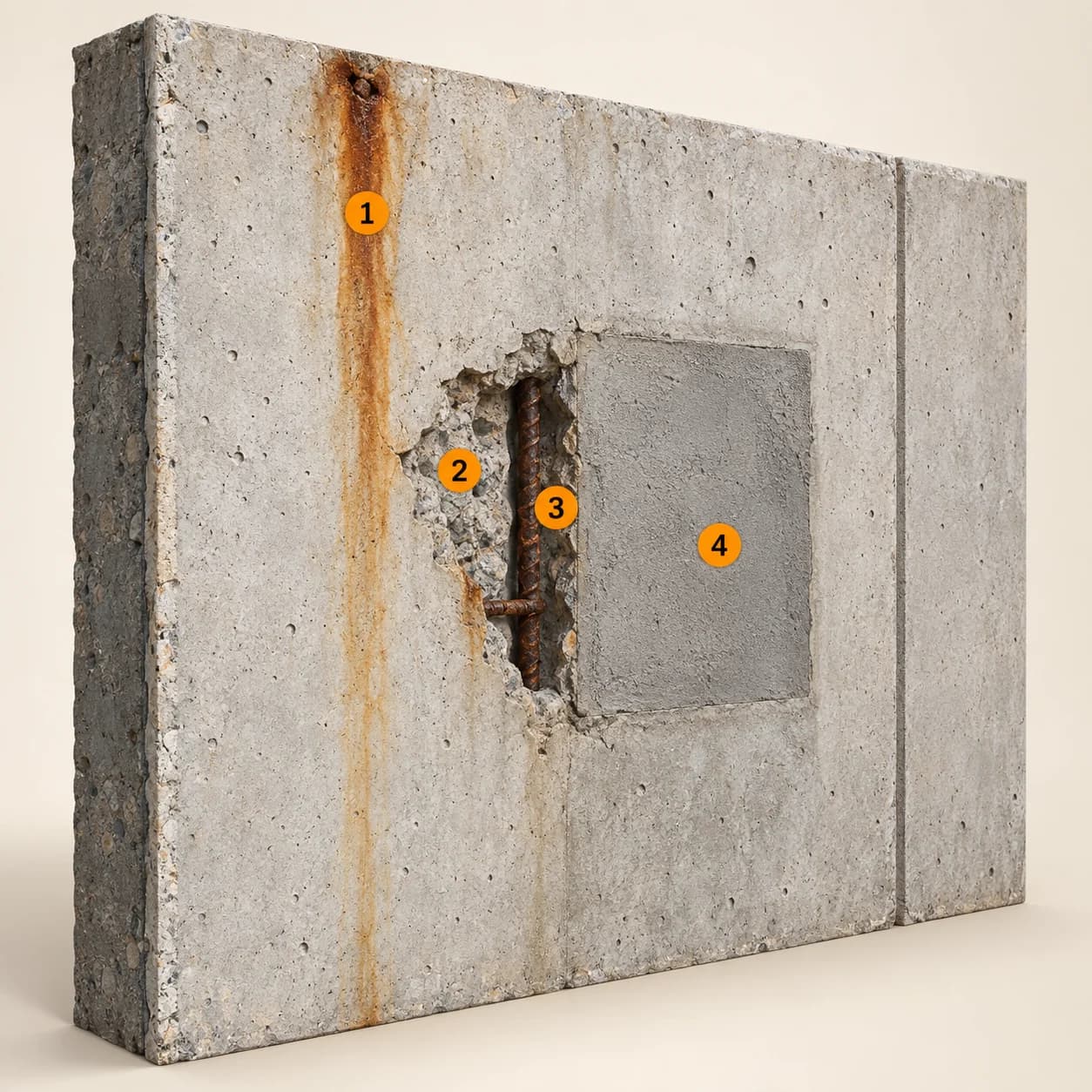 Illustrert 3D-prinsippskisse med rustsporet, avskallingen, armeringen, tidligere reparasjon. Nummer 1–4 forklares i teksten.