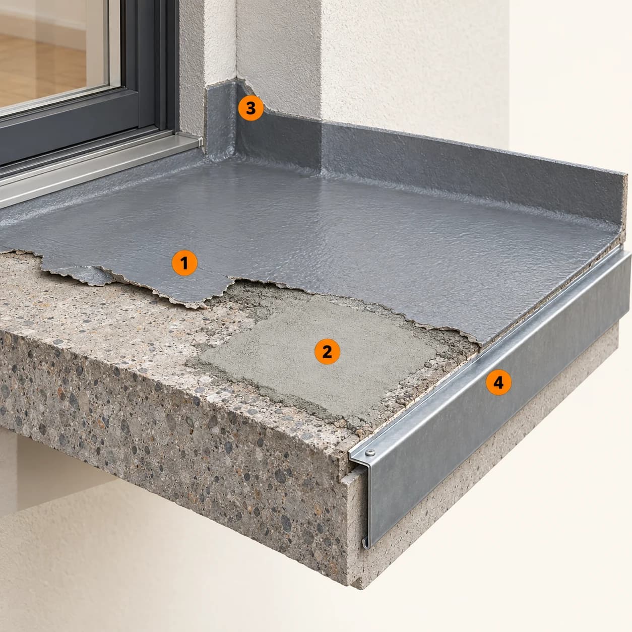 Illustrert 3D-prinsippskisse med eksisterende belegg, underlaget, veggtilslutningen, kanten. Nummer 1–4 forklares i teksten.