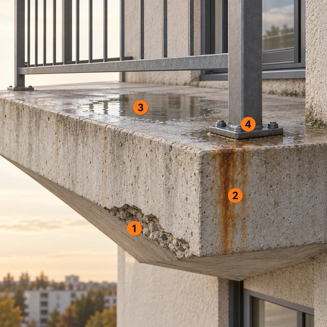 Illustrert 3D-prinsippskisse med undersiden, forkanten, overflaten, rekkverket. Nummer 1–4 forklares i teksten.