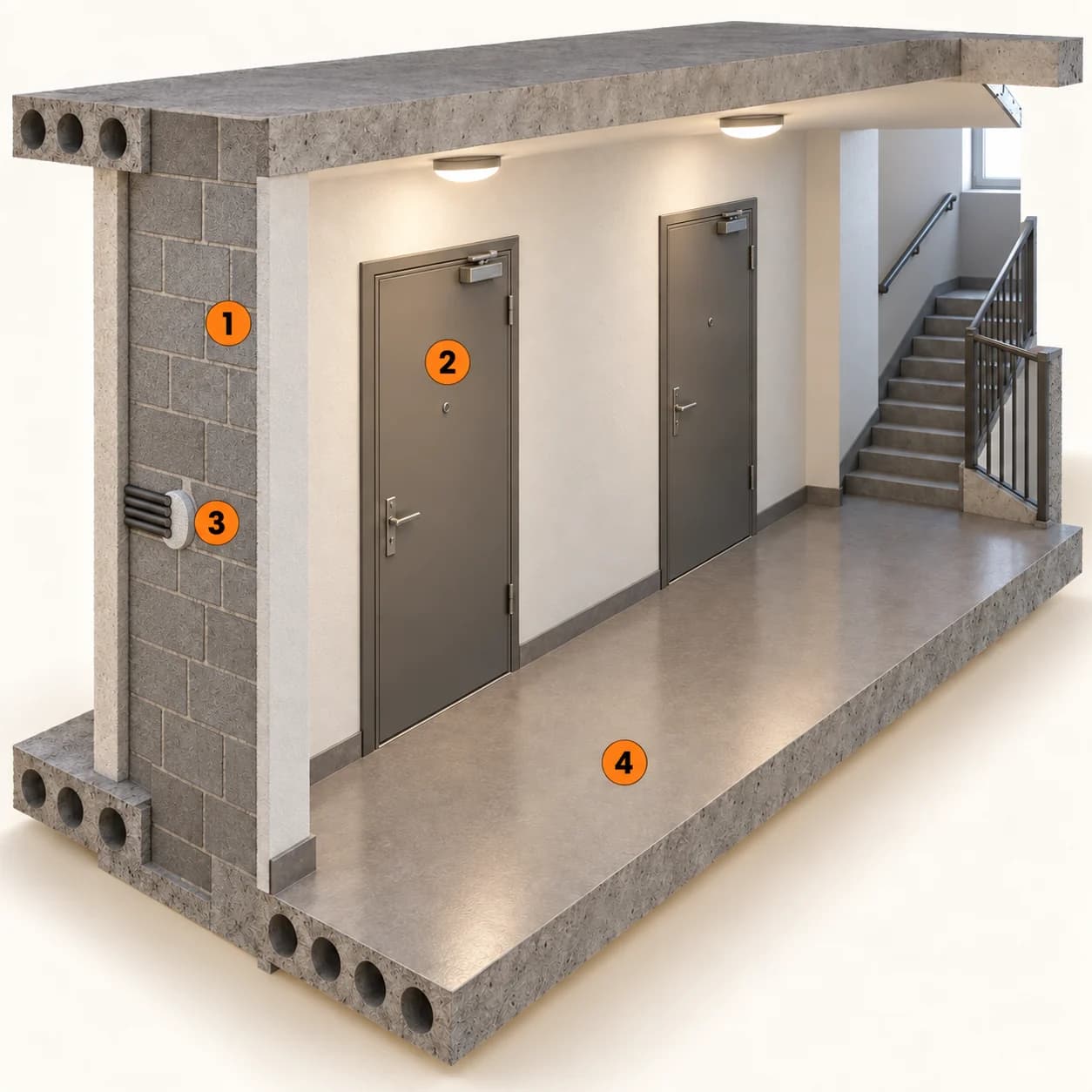 Illustrert 3D-prinsippskisse: Skillevegg, dør, installasjon og fri passasje. Nummer 1–4 forklares i teksten.