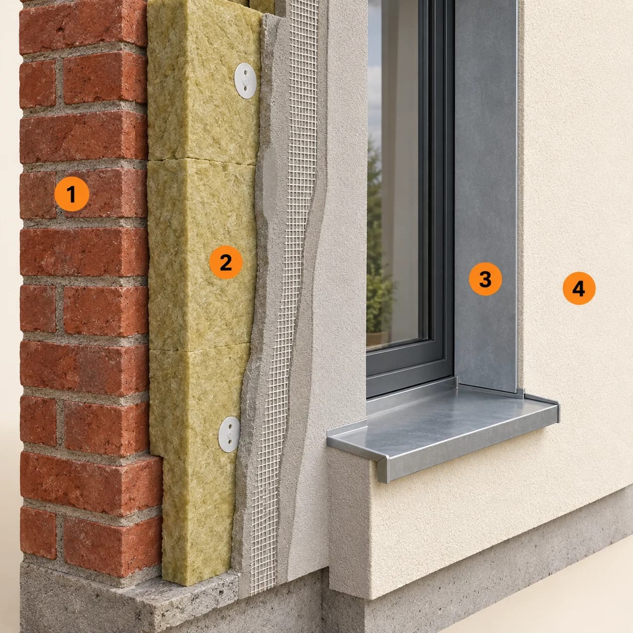 Illustrert 3D-prinsippskisse: Eksisterende vegg, isolasjon, åpning og ny fasade. Nummer 1–4 forklares i teksten.