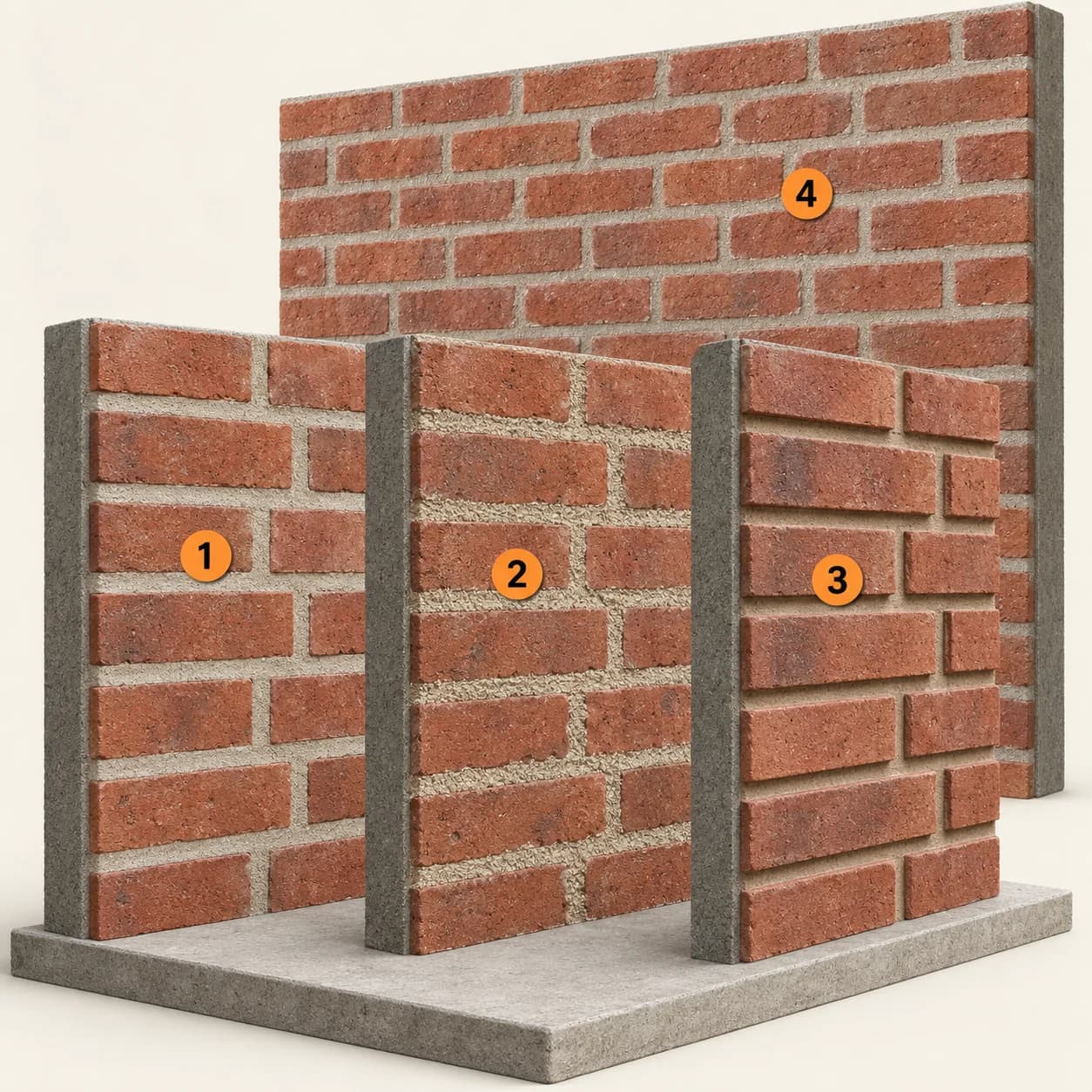 Illustrert 3D-prinsippskisse med eksisterende mørtel, struktur, fugeprofil, referansefelt. Nummer 1–4 forklares i teksten.