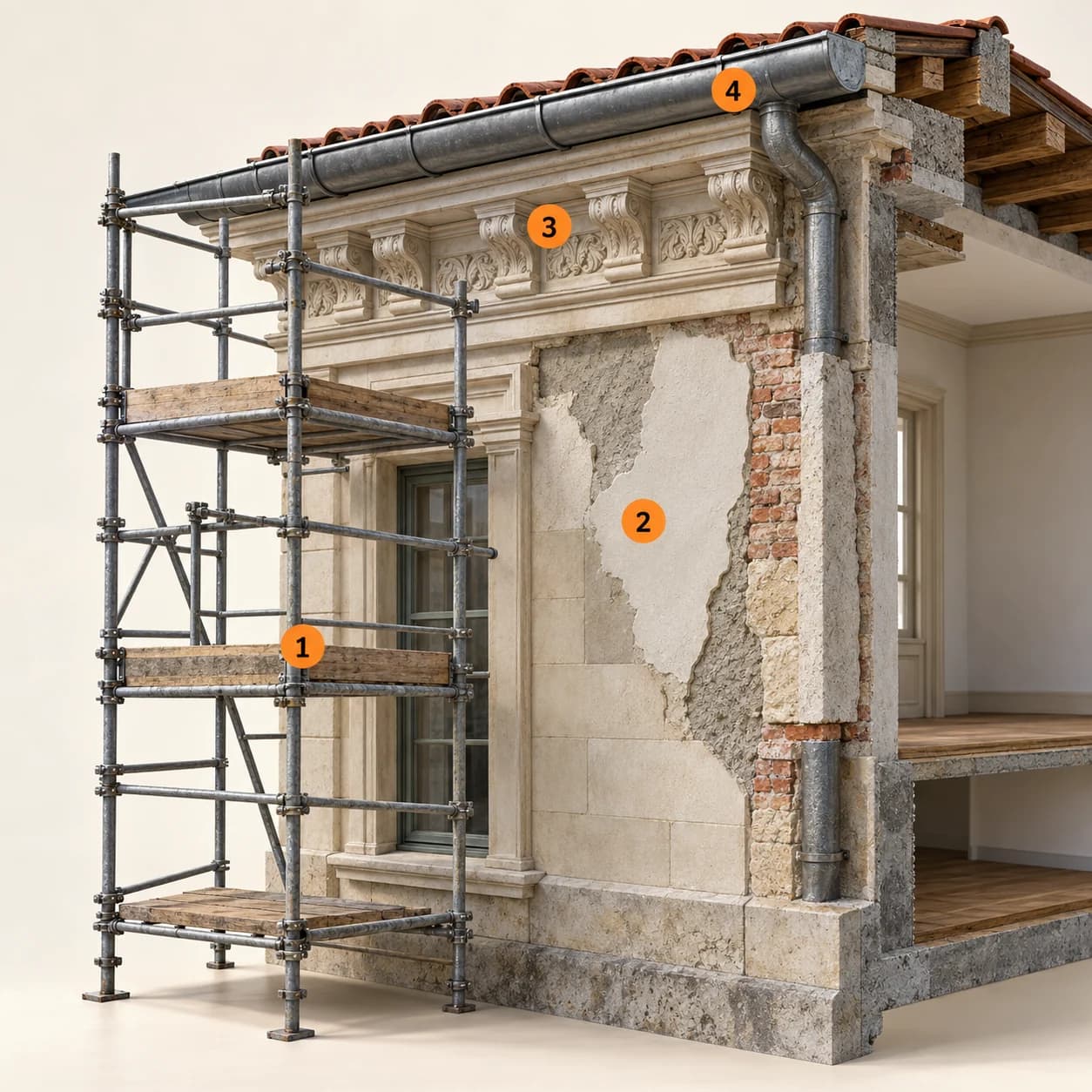 Illustrert 3D-prinsippskisse med tilkomst, reparasjon, detaljarbeid, tilstøtende arbeid. Markører 1–4 forklares i teksten.