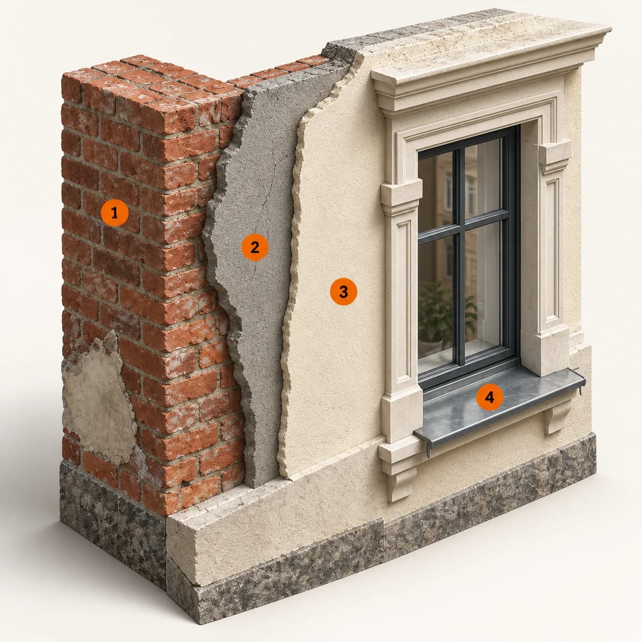 Illustrert 3D-prinsippskisse: Teglmur, pusslag, overflate og sålbenk. Nummer 1–4 forklares i teksten.