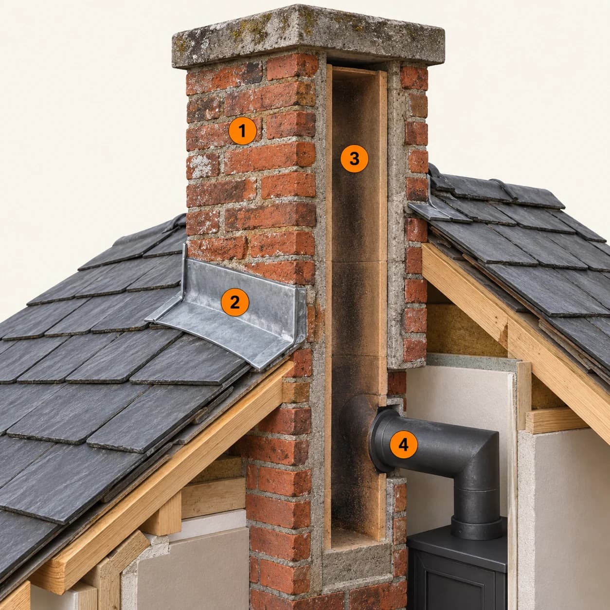 Illustrert 3D-prinsippskisse med utvendig mur, beslaget, røykløpet, tilknytningen. Nummer 1–4 forklares i teksten.
