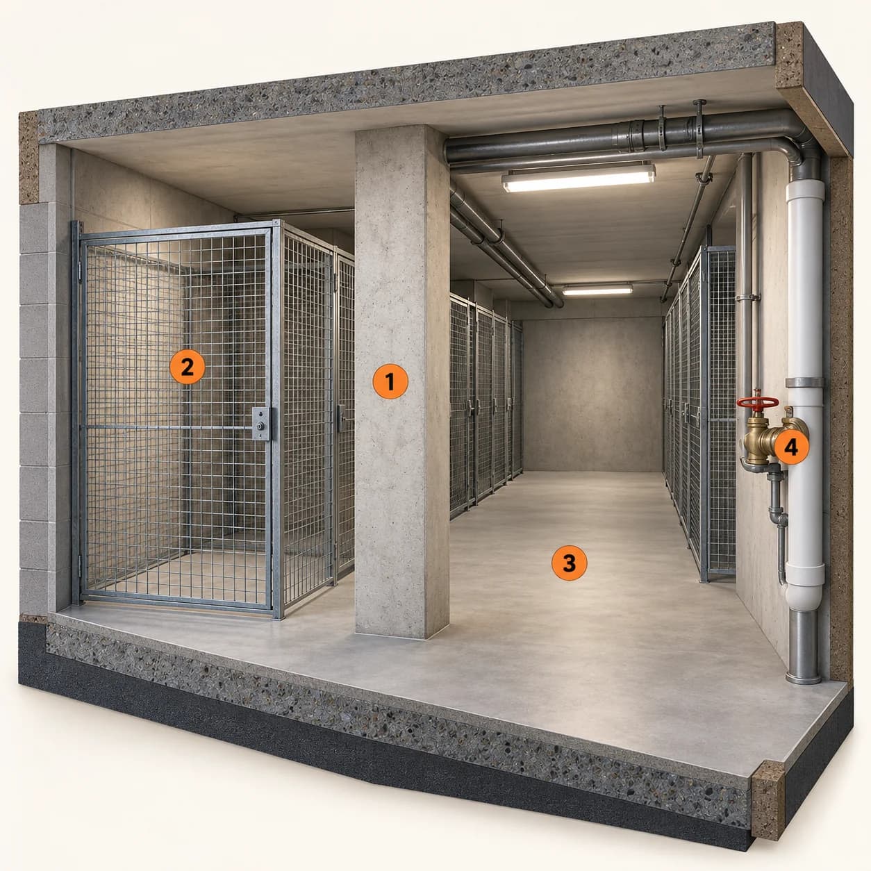 Illustrert 3D-prinsippskisse med begrensningene, bodfeltet, gangarealet, teknisk tilgang. Nummer 1–4 forklares i teksten.