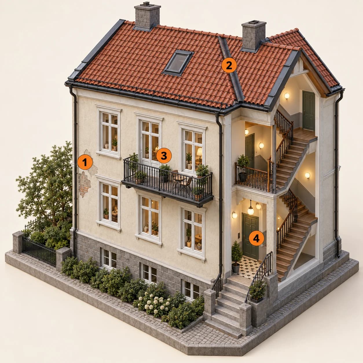 Illustrert 3D-prinsippskisse: Fasade, tak, vinduer og inngang. Nummer 1–4 forklares i teksten.