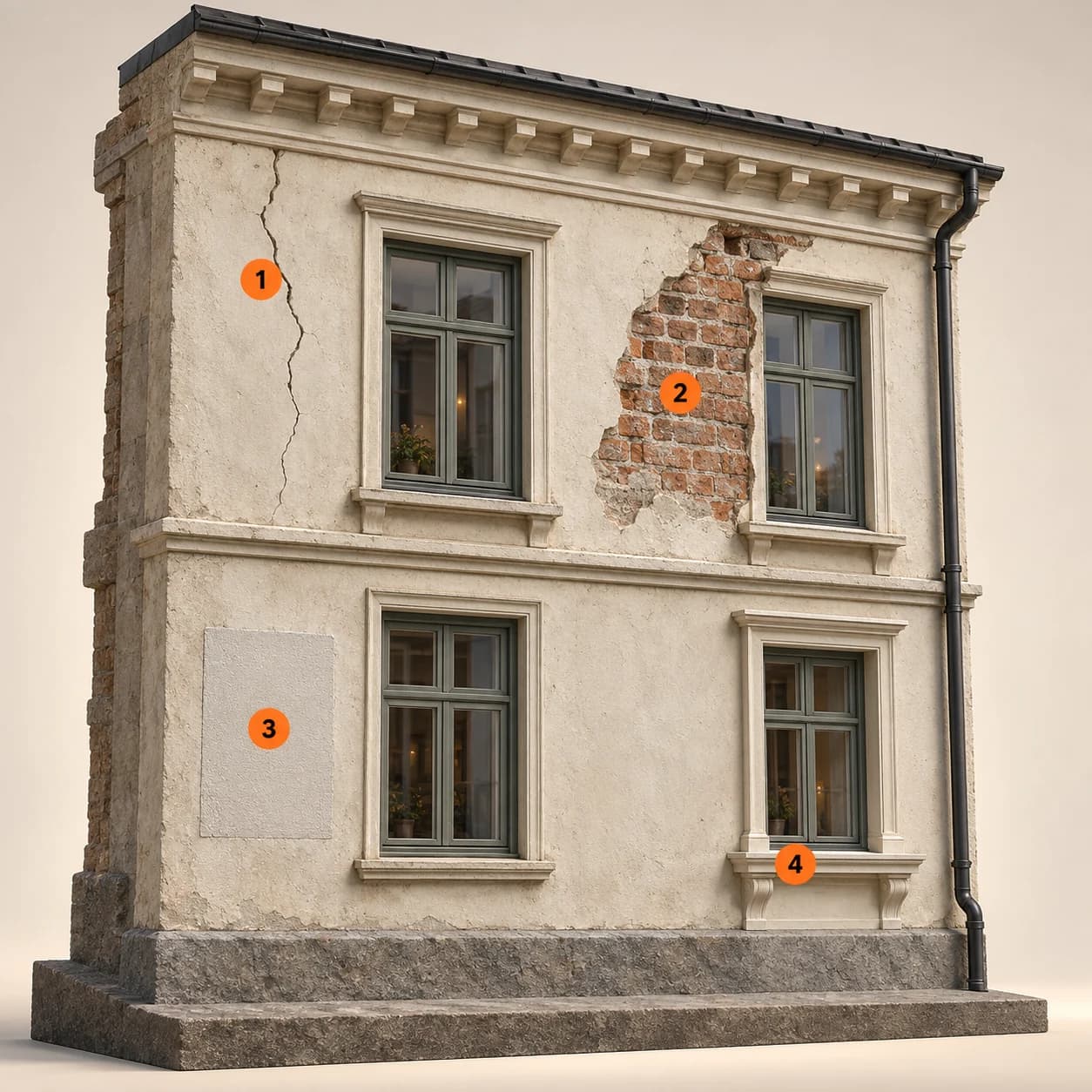 Illustrert 3D-prinsippskisse: Sprekk, undersøkelsesfelt, prøvefelt og vindusdetalj. Nummer 1–4 forklares i teksten.