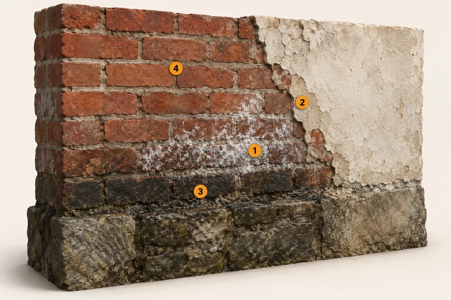 3D-prinsippskisse med saltbelegg, pusskant, nedre murverk og sammenligningsområde. Nummer 1–4 forklares i teksten.