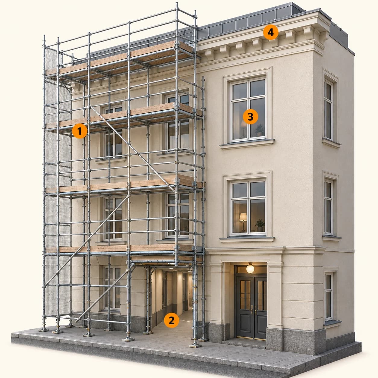 Illustrert 3D-prinsippskisse med tilkomst, ferdsel, beboerhensyn, kontrollpunkt. Nummer 1–4 forklares i teksten.