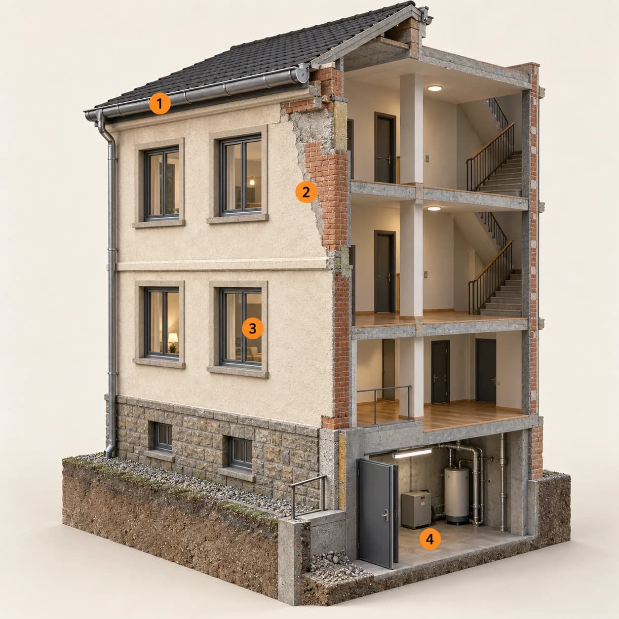 Illustrert 3D-prinsippskisse med vannhåndtering, fasade, samordning, dokumentasjon. Markører 1–4 forklares i teksten.